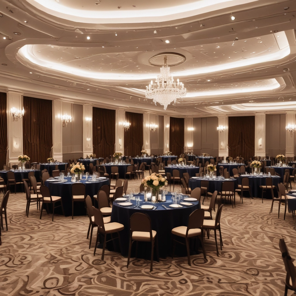 Corporate event gala setup with chandeliers and table decor
