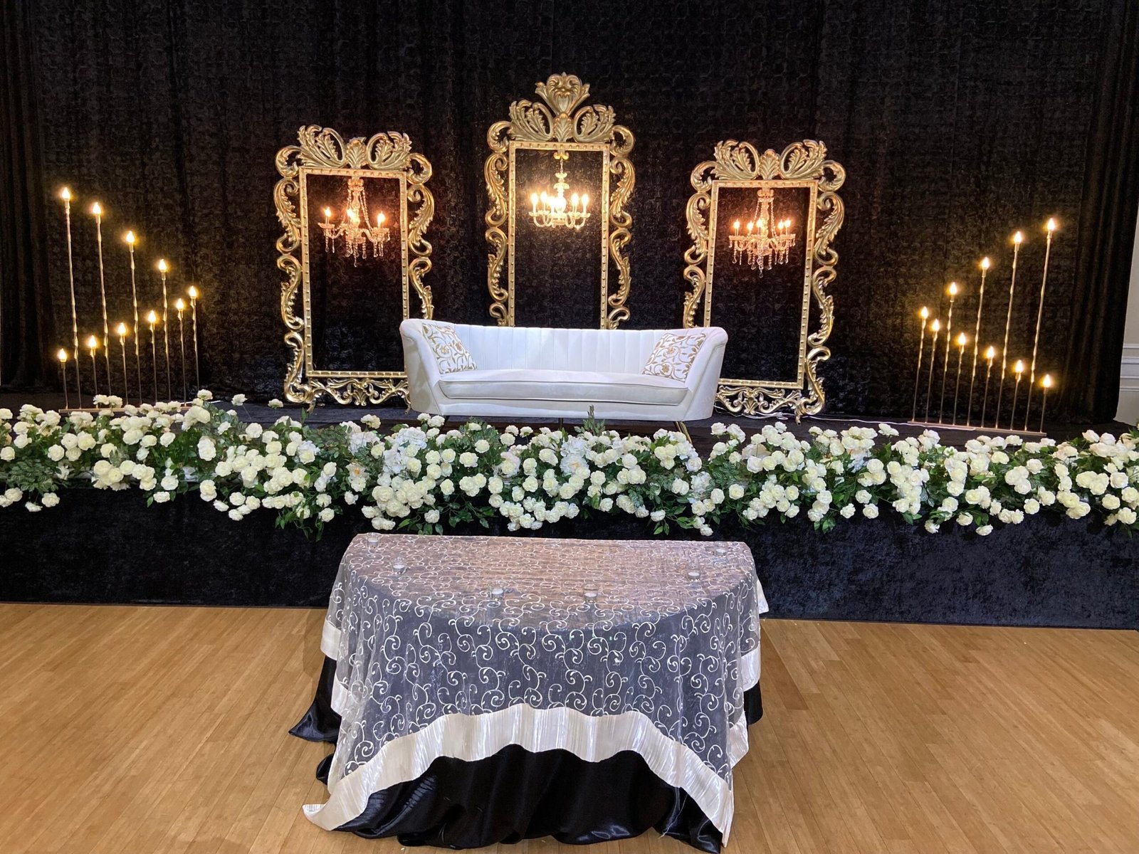 Wedding reception decor in Brampton with floral arrangements